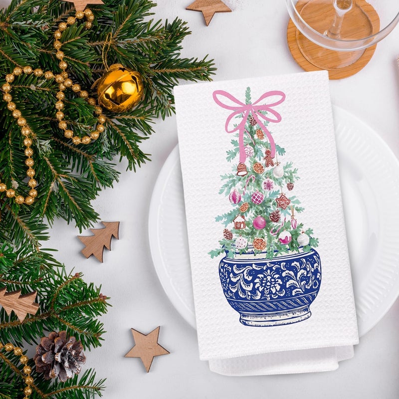 SPBL&L Chinoiserie Christmas Kitchen Towels,Blue Bow Coquette Christmas Tree Dish Towels for Kitchen Bathroom, Blue Christmas Hand Towels for Kitchen,Set of 2 Grandmillennial Decor,16x24 Inches - Image 3